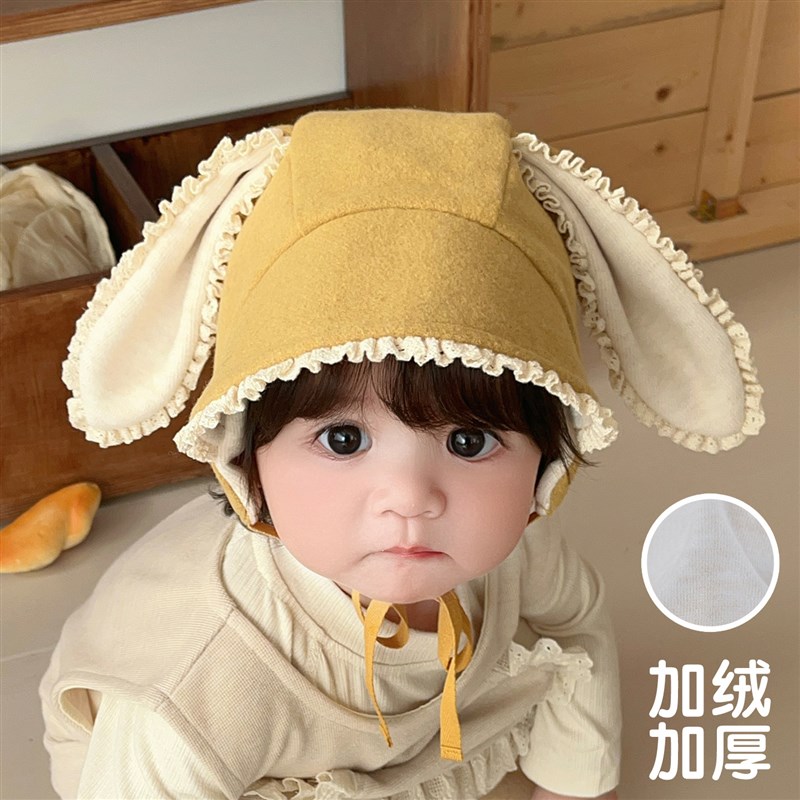 婴儿帽子可爱兔耳朵加绒加厚保暖大帽檐儿童遮阳帽男女宝宝护耳帽