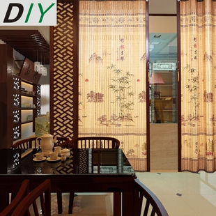 竹帘子门帘推拉门 折叠简易门隔断移门商场窗帘遮阳U印花屏风 卷