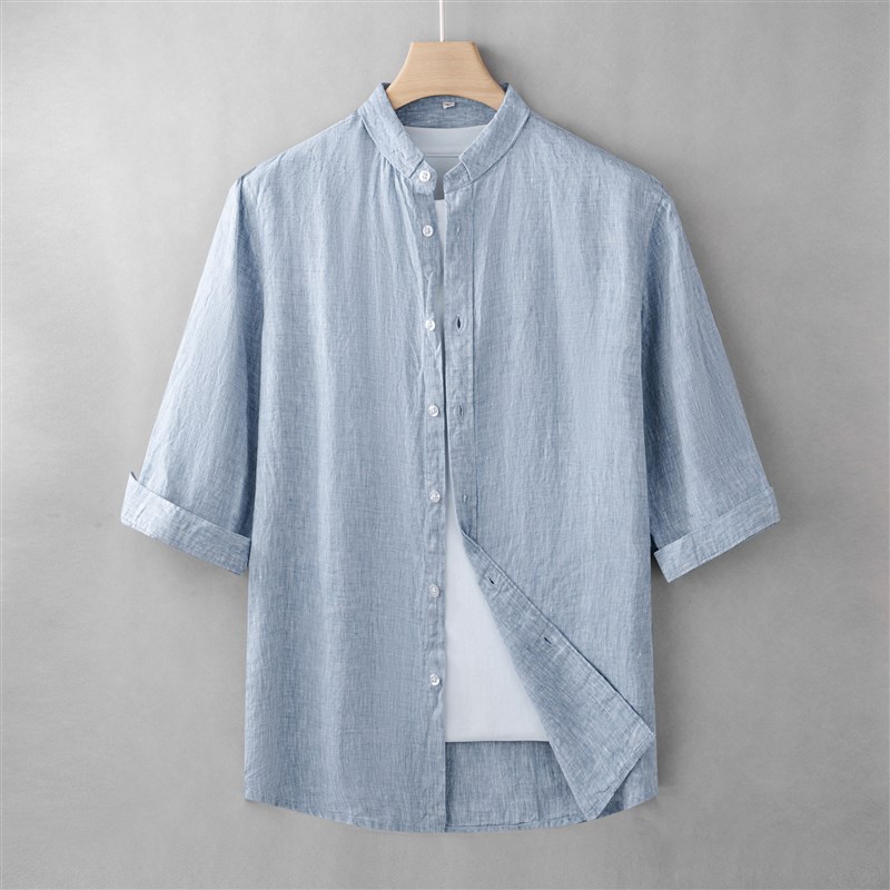 夏季纯亚麻料短袖衬衫男装全麻布上衣服宽松薄款棉麻七分中袖衬衣