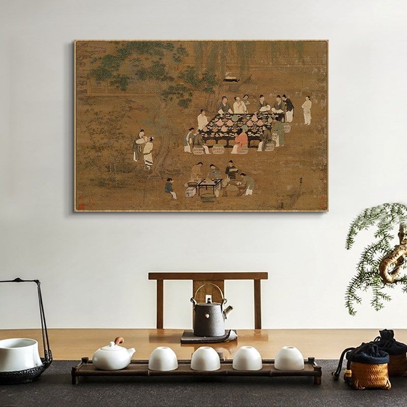文会图新中式餐厅横幅装饰画茶室背景墙明清古P典挂画玄关竖版带