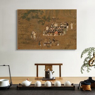 文会图新中式餐厅横幅装饰画茶室背景墙明清古P典挂画玄关竖版带