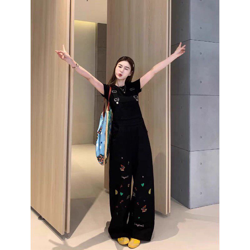 黑色刺绣牛仔背带裤女2025夏季新款宽松显瘦休闲百搭直筒拖地长裤