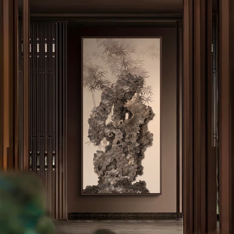 新中式酒店别f墅太湖石木雕饭厅背景墙挂画 划饭店走廊过道高级感