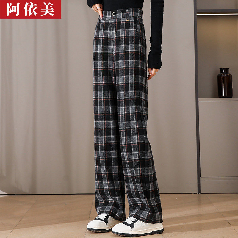 毛呢格子阔腿裤女2024秋冬款垂感宽松高腰大码羊毛直筒休闲长裤子