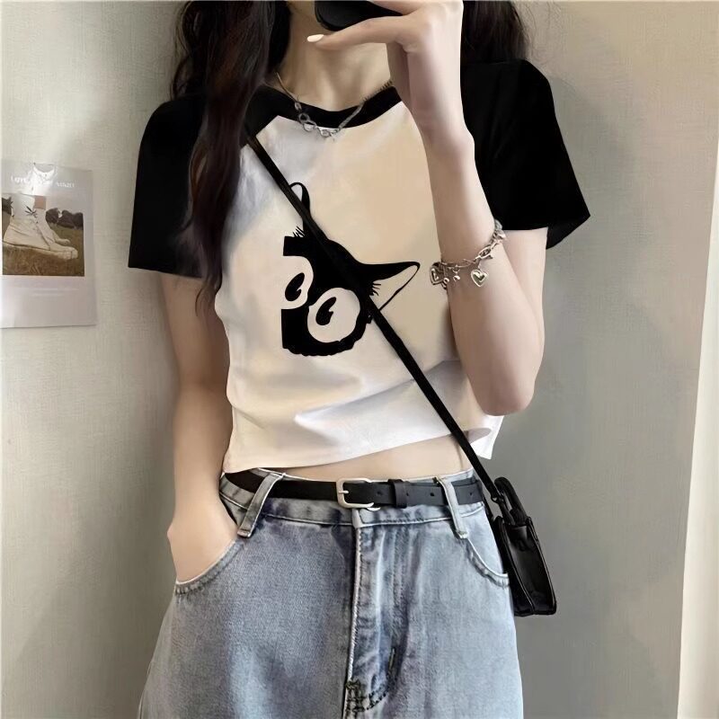黑白撞色正肩短袖T恤女夏季新款拼接插肩袖猫咪印花修身短款上衣