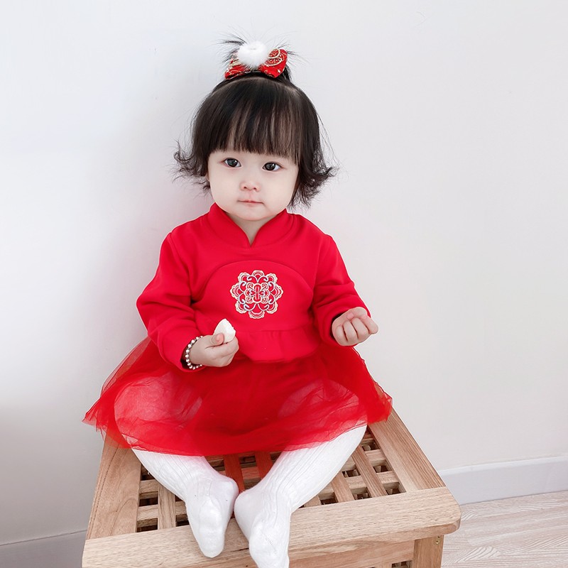 婴儿新年装女宝宝中国风满月百z天幼儿喜庆拜年服过年红色连体衣