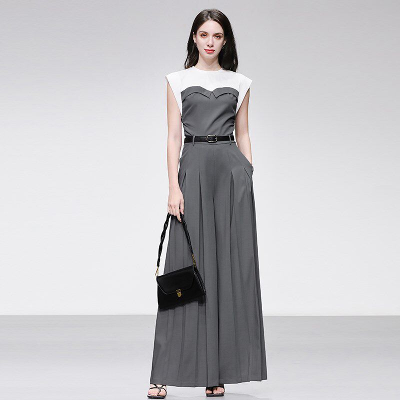 2025夏季新款女装时尚撞色针织抹胸上衣高腰阔腿裤裤子套装潮