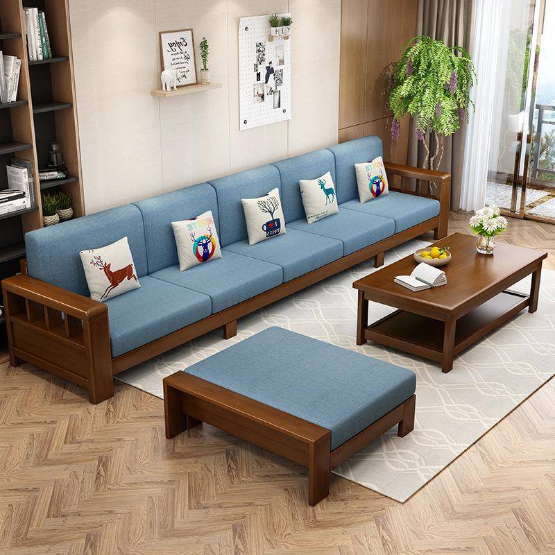 中式实合木沙发现代简约转角布艺沙发组客具厅木PVF家小户型家具