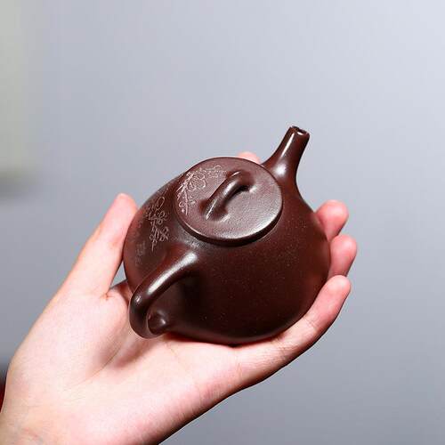 宜兴容1紫砂壶纯手工具砂原矿紫手工刻绘梅花石瓢小量1茶00cc