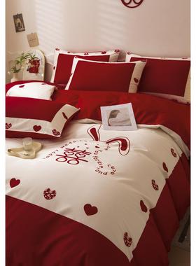 中式庆四件套结KMK婚婚被婚喜嫁大红色床单爱心公主床风床上用品