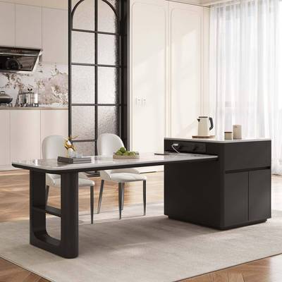 高岩可板岛台茶桌餐桌两用家用一伸缩端实木轻奢饭桌体餐桌无品牌