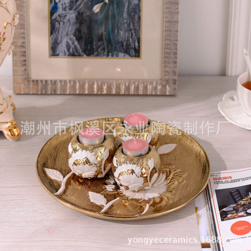 简约创意工艺金色烛台盘子套装 家居摆设电镀陶瓷装饰品陶瓷摆件