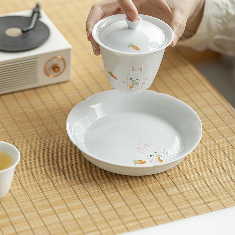 墨玉泥己爱WUA风手绘萌兔壶承茶道配件陶瓷圆盘多用格茶点盘瓜可