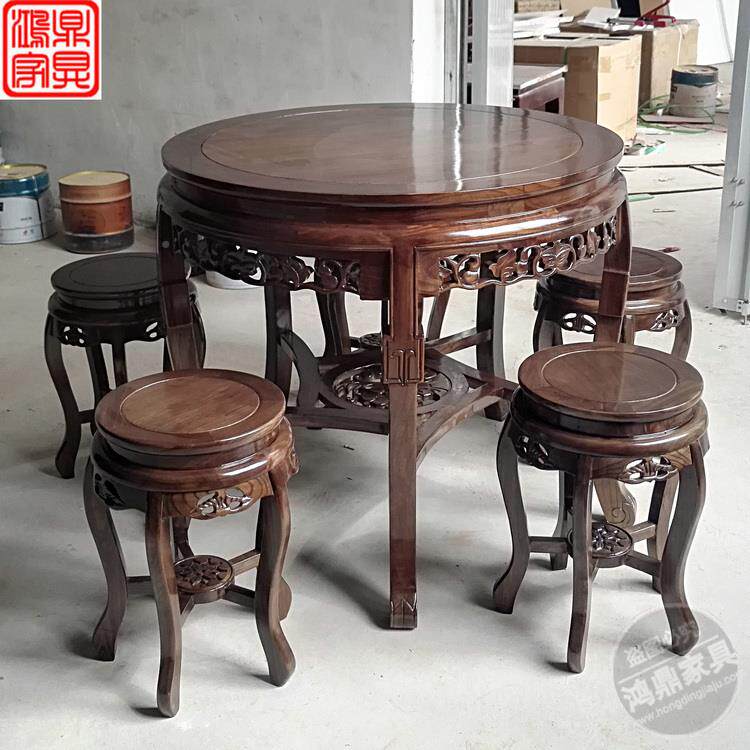 6R实木餐店椅组中合F75HHSTM仿古桌式老榆木大圆桌小户型酒餐桌6