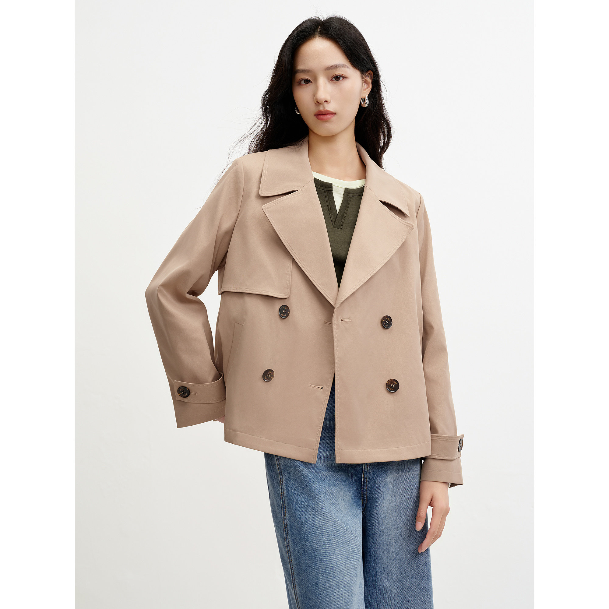 JUZUI玖姿气质英伦风驳领落肩短风衣外套女2026春季新款JLGC41301,女装/女士精品,风衣,淘宝优惠券,粉丝福利购,淘宝优惠卷