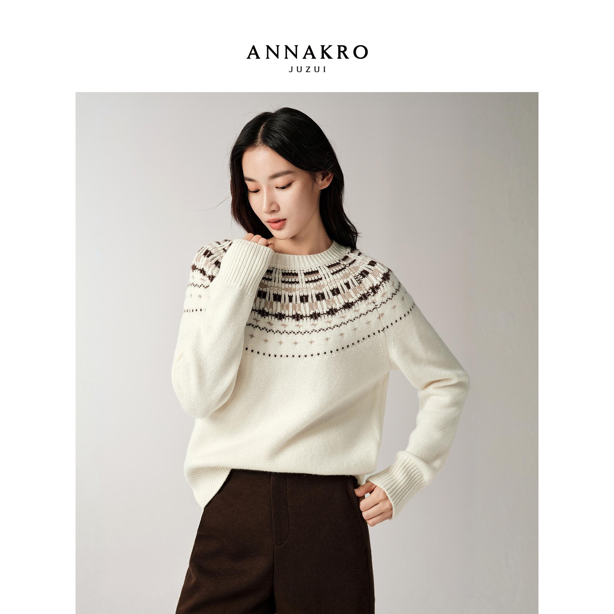 玖姿安娜蔻复古慵懒风费尔岛提花H型羊毛针织衫女2025冬季新款,女装/女士精品,毛衣,淘宝优惠券,粉丝福利购,淘宝优惠卷