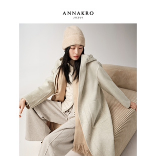 玖姿安娜蔻文艺慵懒风100%羊毛帽领长款双面呢女2025冬季新款
