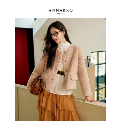 玖姿安娜蔻优雅静奢风100%羊毛颗粒绒短款外套女2025冬季新款