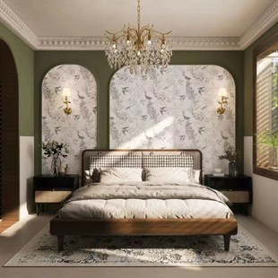 复古法式南洋风壁纸素雅花鸟燕子墙纸卧室床头背景墙布拱形石膏线