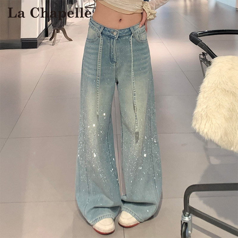 拉夏贝尔满天星烫钻阔腿牛仔裤女春秋冬高腰宽松显瘦直筒拖地裤子,女装/女士精品,牛仔裤,淘宝优惠券,粉丝福利购,淘宝优惠卷