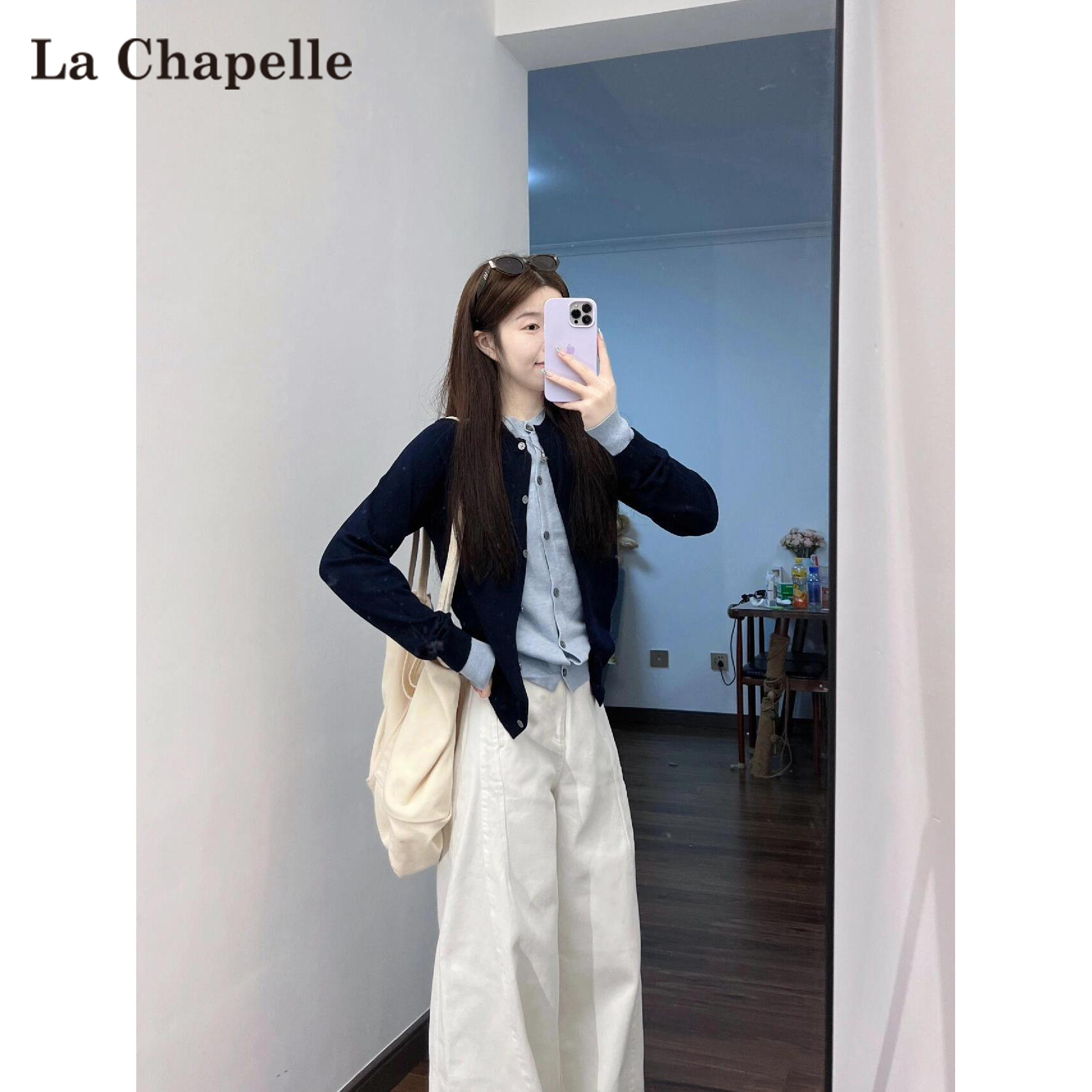 拉夏贝尔撞色拼接假两件针织衫女