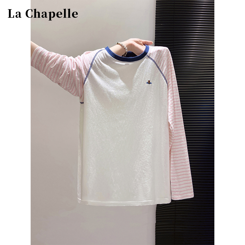 拉夏贝尔条纹拼接插肩长袖t恤女