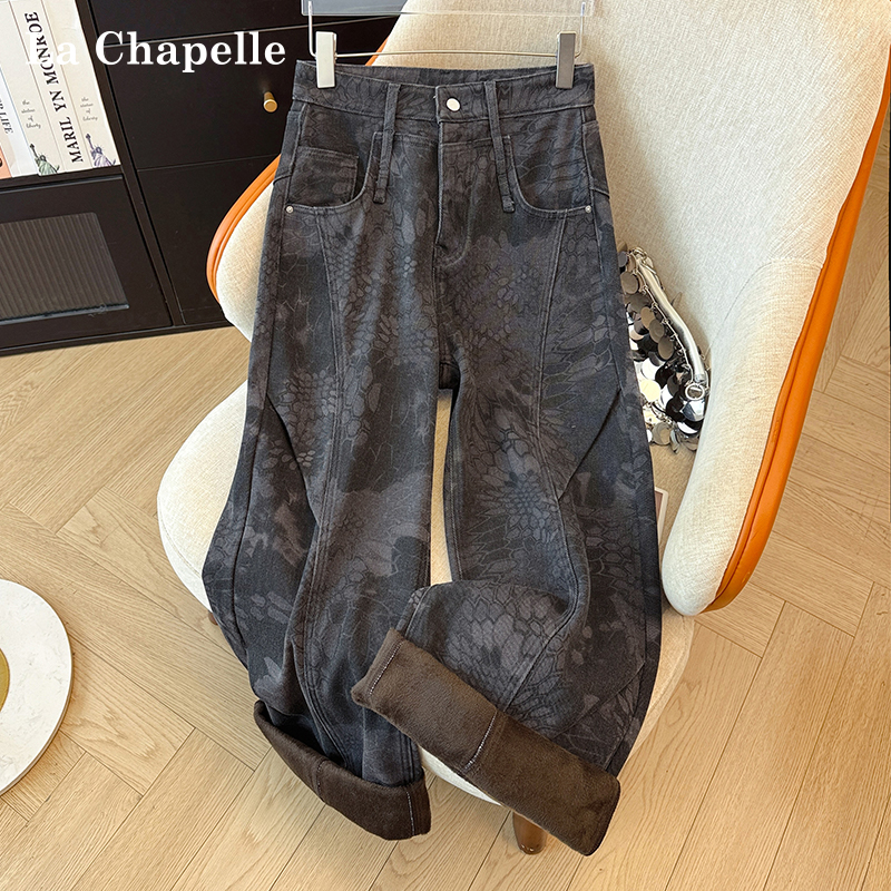 拉夏贝尔加绒印花阔腿牛仔裤女