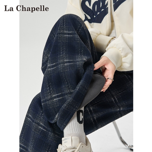 休闲垂感加绒加厚糯米裤 拉夏贝尔藏青色毛呢格子阔腿裤 女秋冬新款