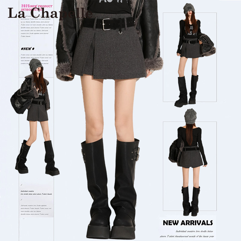 拉夏贝尔复古毛呢开叉半身裙女春秋新款高腰显瘦a字辣妹风短裙裤,女装/女士精品,半身裙,淘宝优惠券,粉丝福利购,淘宝优惠卷