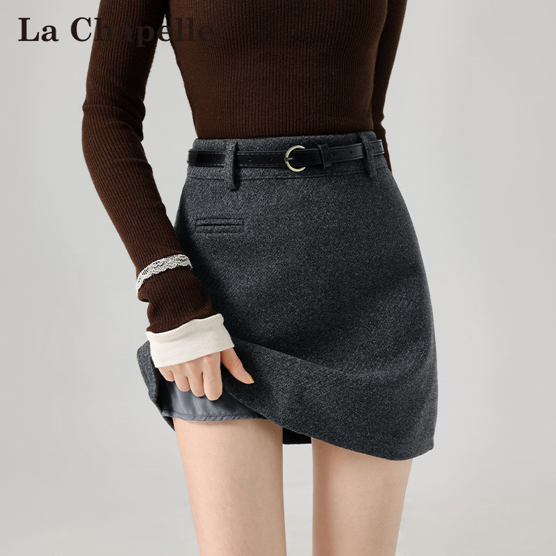 拉夏贝尔灰色毛呢半身裙女春秋冬2026新款高腰a字显瘦包臀短裙子,女装/女士精品,半身裙,淘宝优惠券,粉丝福利购,淘宝优惠卷