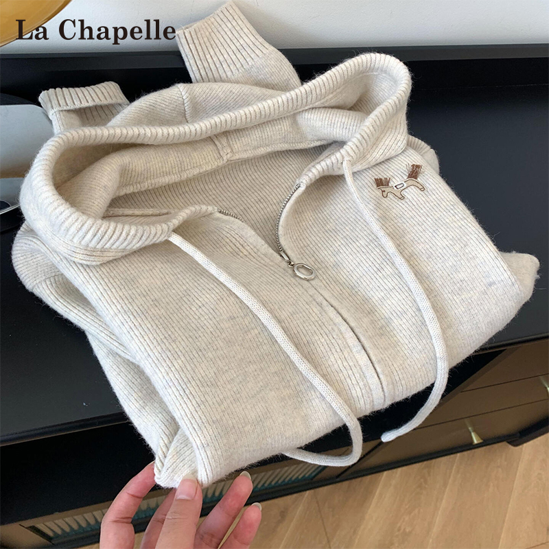 拉夏贝尔双拉链连帽长袖针织开衫