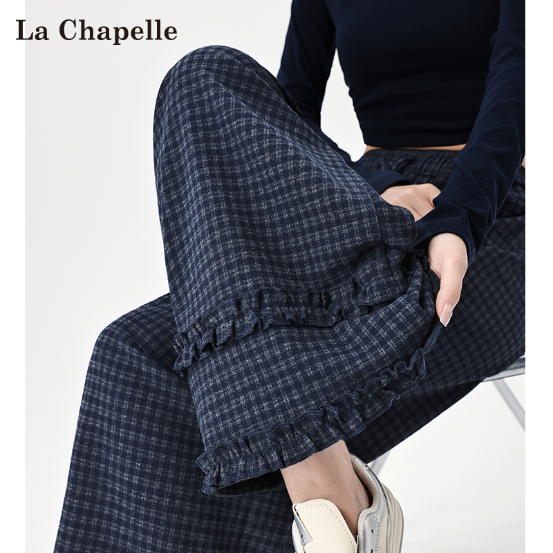 拉夏贝尔藏青色复古格子阔腿裤女秋2025新款高腰休闲木耳边直筒裤