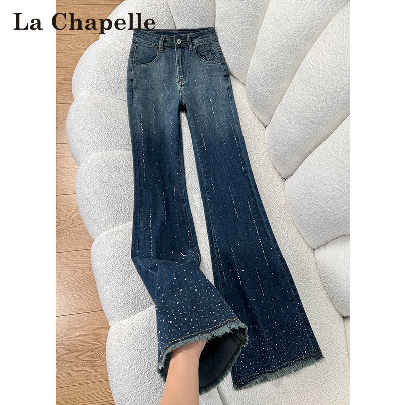 拉夏贝尔烫钻毛边微喇牛仔裤女春秋冬新款高腰弹力加绒阔腿喇叭裤,女装/女士精品,牛仔裤,淘宝优惠券,粉丝福利购,淘宝优惠卷