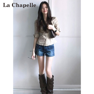 拉夏贝尔深蓝色低腰牛仔短裤 2026新款 辣妹提臀a字包臀热裤 女夏季