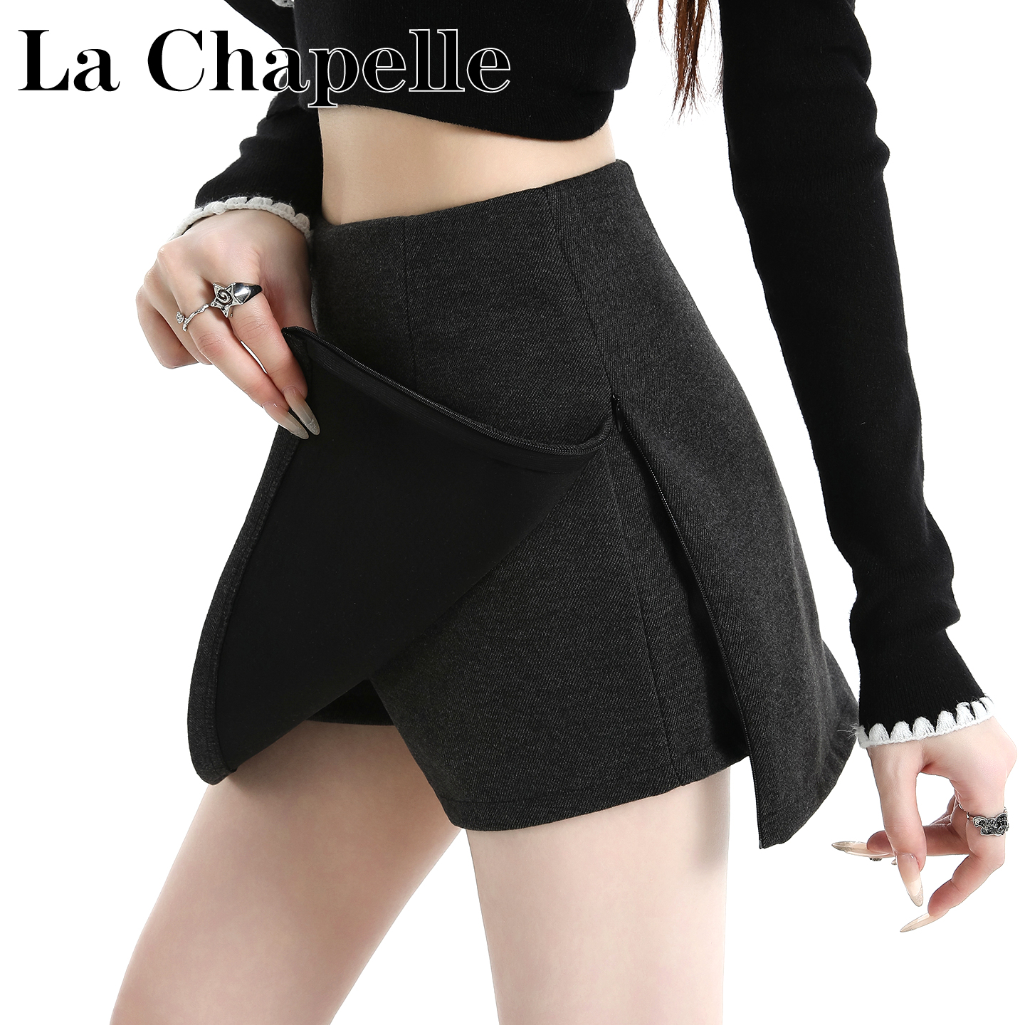 拉夏贝尔灰色毛呢半身裙女秋冬季