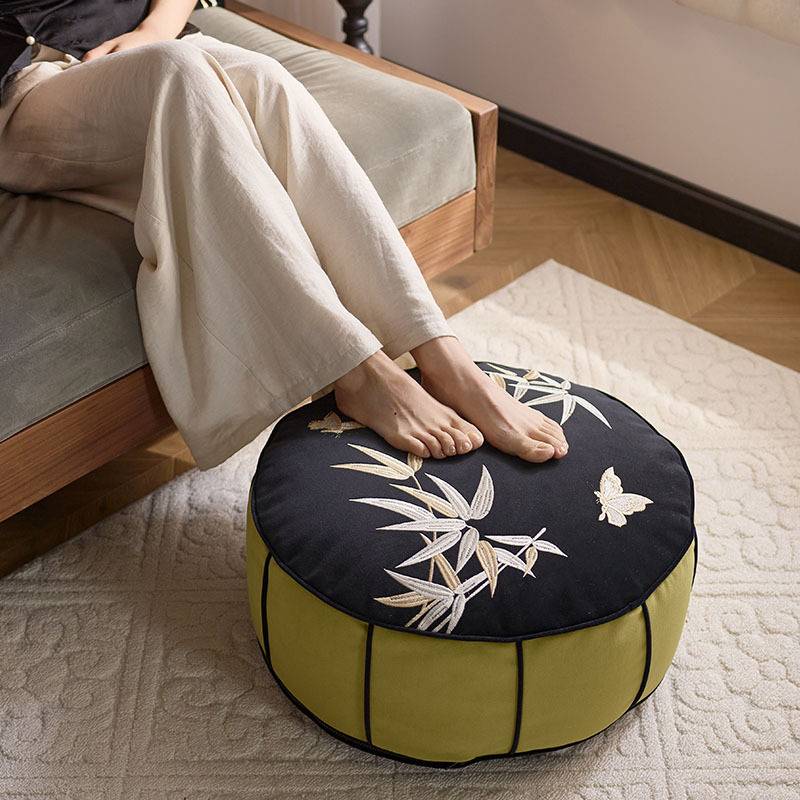 中古风蒲团竹叶刺绣坐墩客厅懒人沙发榻榻米坐垫脚墩新中式矮脚凳