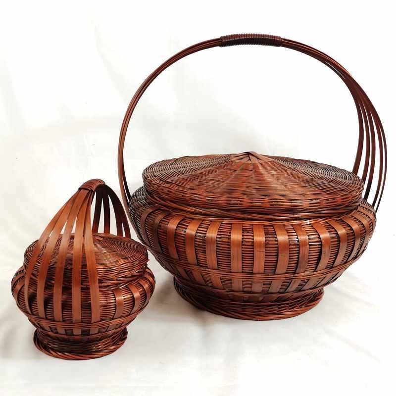 拜神F95H6M69篮竹编篮带盖复古结篮子婚喜庆竹提手提篮编织水果采