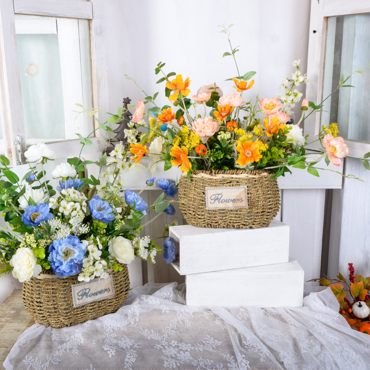 田园风手工插花花艺盆栽藤编花篮仿真花家居摆件婚礼装饰野餐道具