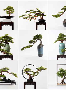 新中式摆件松树i植物售楼处软装饰品过道玄关台景观茶台迎客松盆