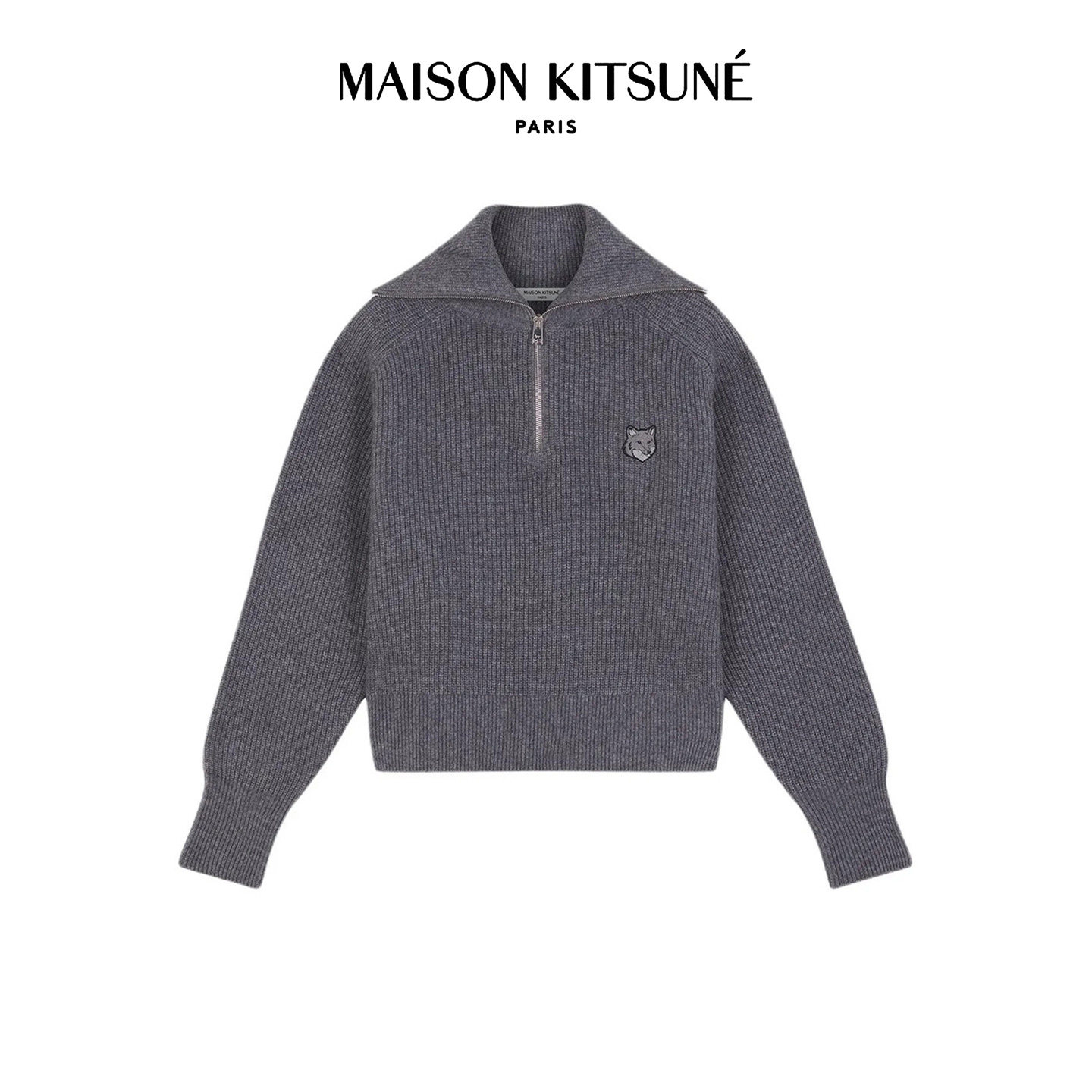 Maison Kitsune小狐狸头半拉链翻领毛衣女羊毛羊绒混纺休闲针织衫