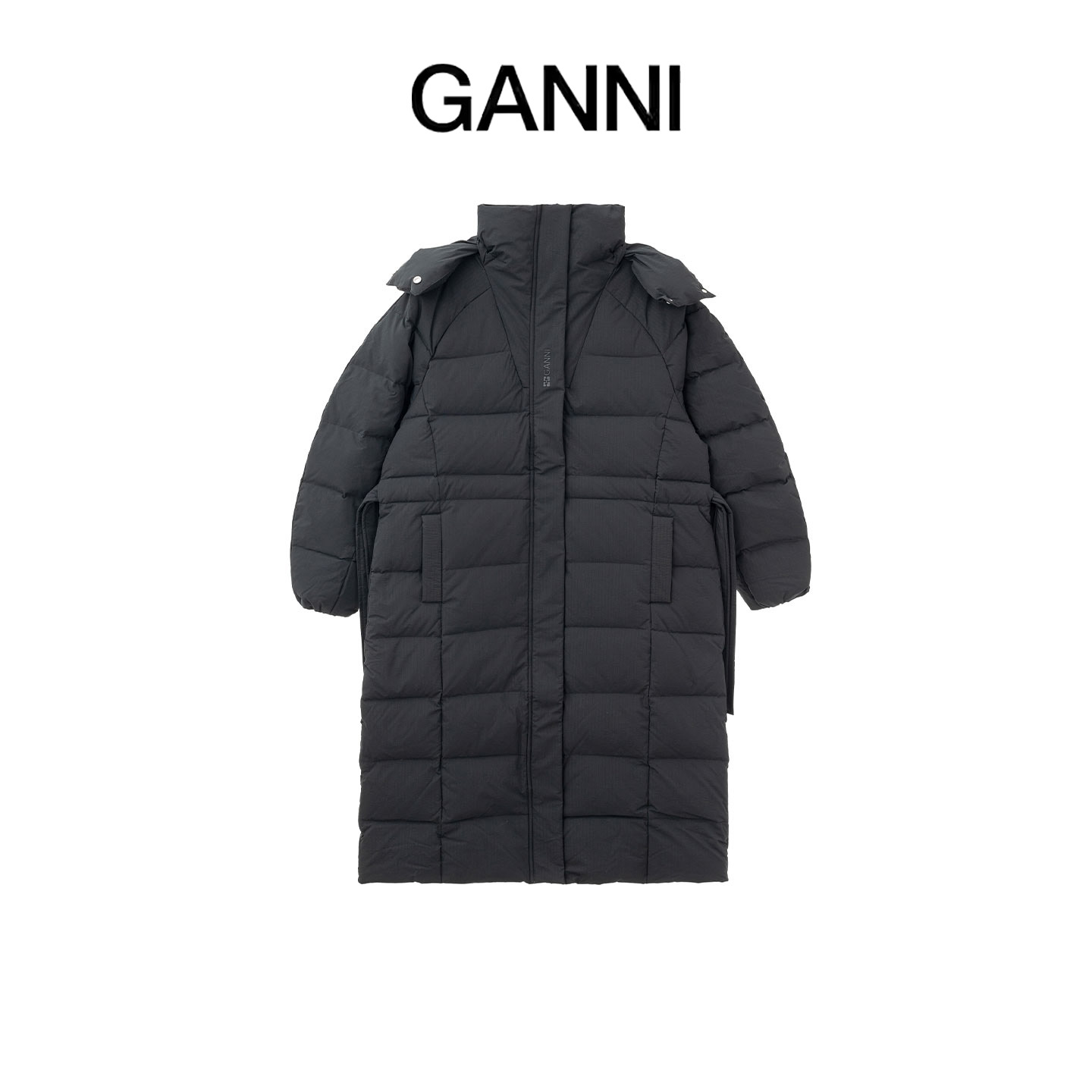 GANNI秋冬女士中长款羽绒服黑色连帽外套带腰带收腰