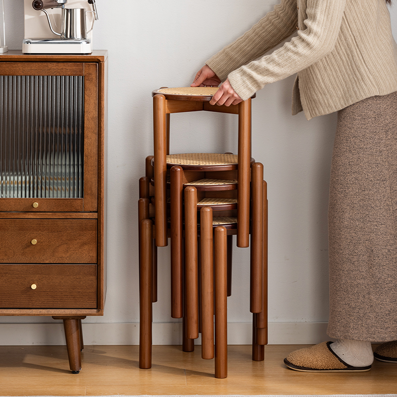 圆凳子家b用可叠放简约梳妆凳中古实木餐桌家用小户型堆叠凳子