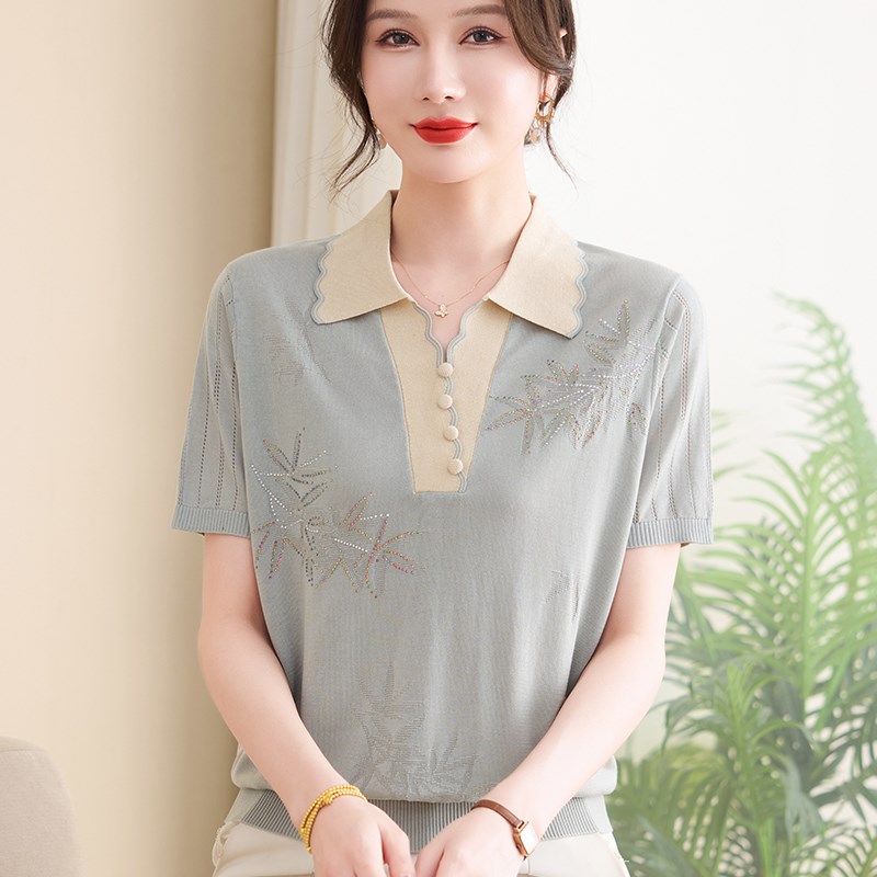 新款妈妈夏季针织短袖T恤衫母亲节上衣中老年女洋气冰丝翻领小衫