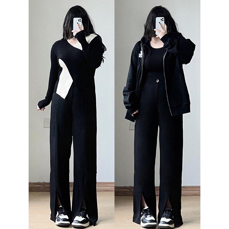 大码胖mm黑色开叉直筒休闲裤女秋季新款女装裤子宽松显瘦阔腿西裤