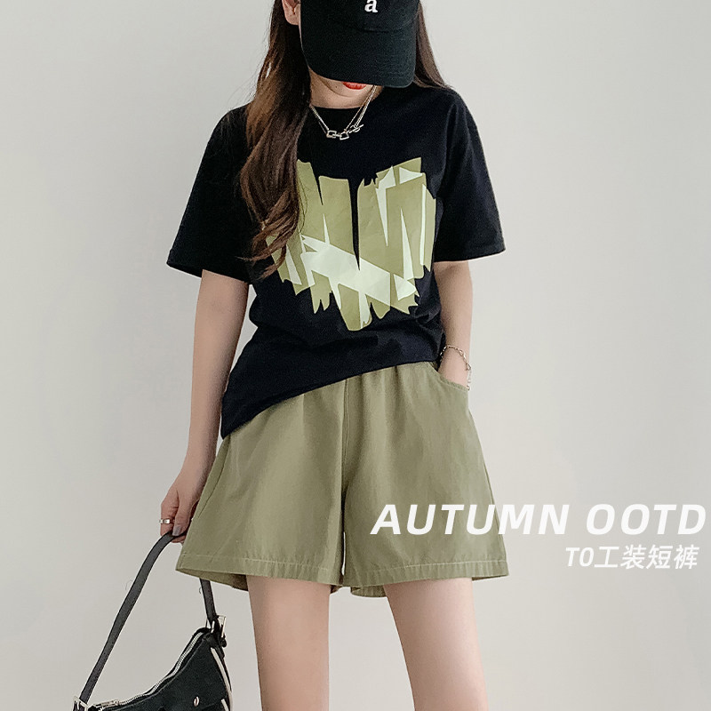 绿色水洗工装裤短裤女2025年夏季新款高腰三分裤休闲美式热裤垂感
