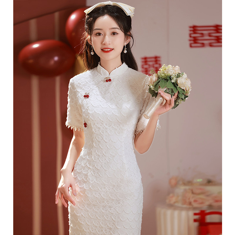 领证登记晚礼服女平时可穿白裙轻奢小众高端订婚连衣裙旗袍蕾丝夏