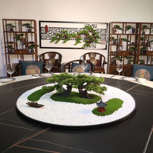 酒店大圆桌中间转盘摆件新中式餐桌花H摆花圆桌中心景观装饰品摆