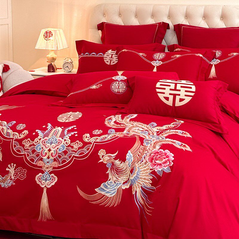 大红色婚庆四件套中式龙凤刺绣被套床单婚嫁喜被结Y婚床上用品