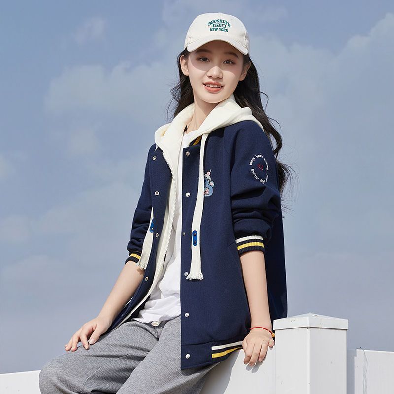 中学生夹棉外套女休闲假两件套少女秋冬新款初中生女孩棉衣棒球服