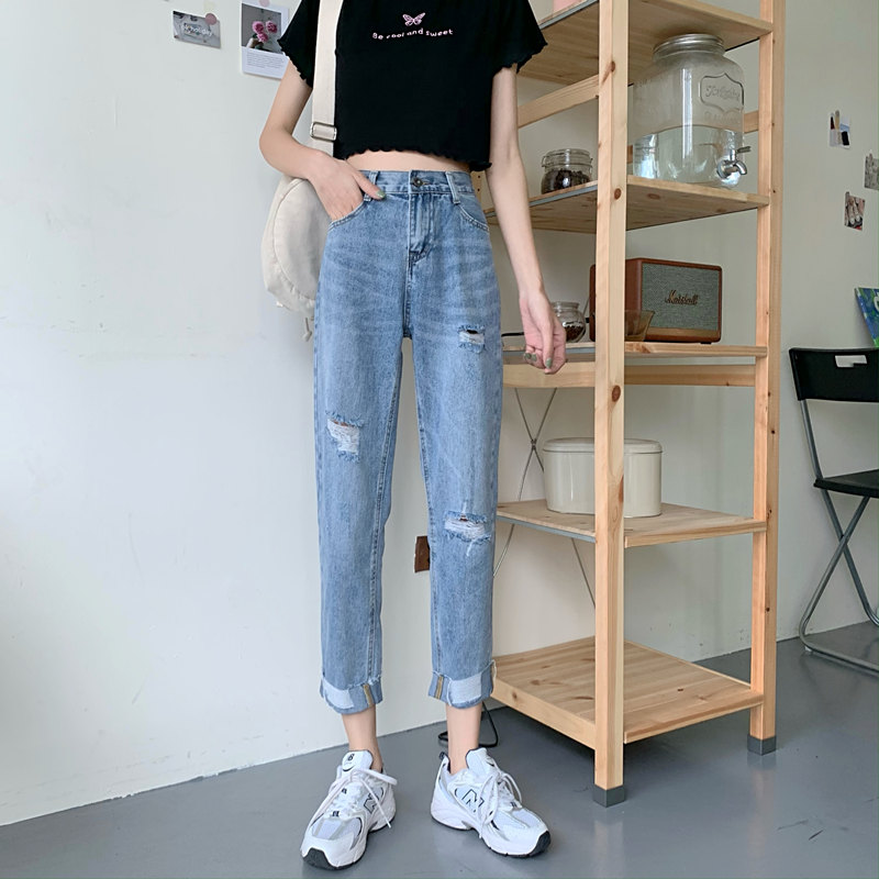 破洞牛仔裤女春夏季2021新款宽松大码胖mm高腰九分老爹萝卜裤子潮